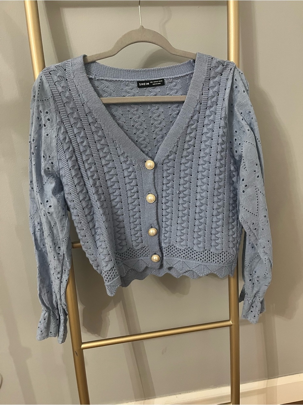 SHEIN Cable Knit Cardigan with Eyelet Puff Sleeves | Dusty Blue | Size Medium